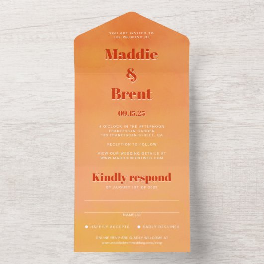 Bold Modern Chic Orange Sunset Monogram Wedding オールインワン招待状 (内側)
