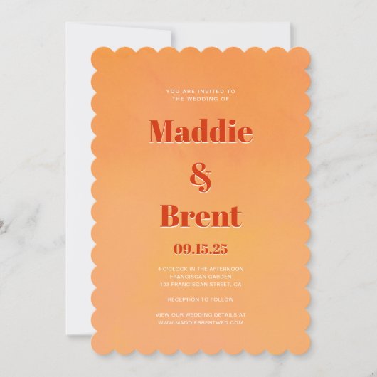 Bold Modern Orange Sunset Monogram Wedding 招待状 (正面)