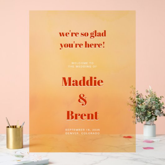 Bold Modern Orange Sunset Wedding Welcome アクリルサイン (ウェディング)