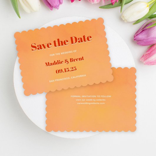 Bold Modern Orange Watercolor Sunset Wedding セーブザデート