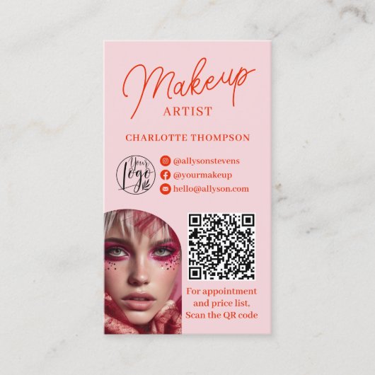 Bold Modern Pink Makeup Artist 2 Photos Qr Code 名刺 (正面)