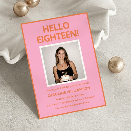 Bold Modern Pink Orange Photo 18th Birthday Party 招待状