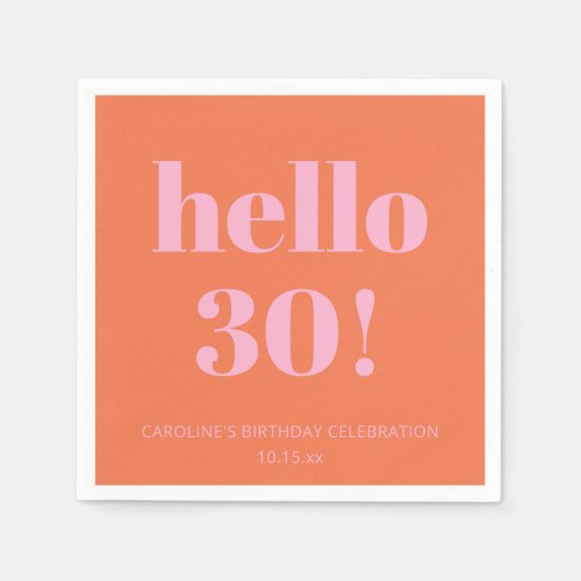 Bold Modern Simple Orange Pink 30th Birthday Party スタンダードカクテルナプキン (正面)