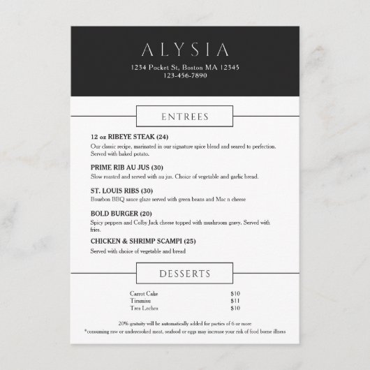 Bold Modern Steakhouse Flat Menu メニュー (正面)