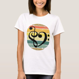 Bold Musical Heart Over Retro Sunset Color Bands Tシャツ