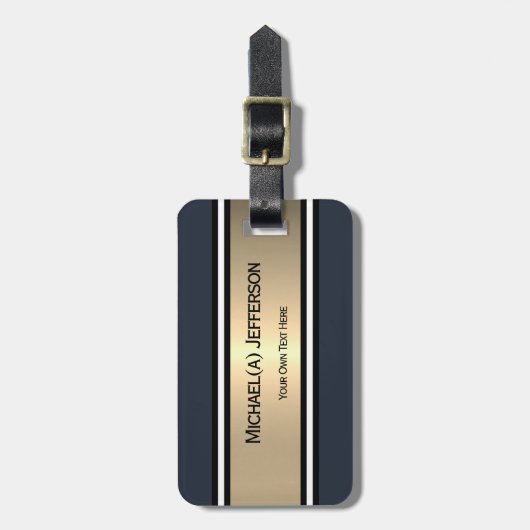 Bold Navy Dark Blue Gold Stripe Black White Accent ラゲッジタグ (正面縦)