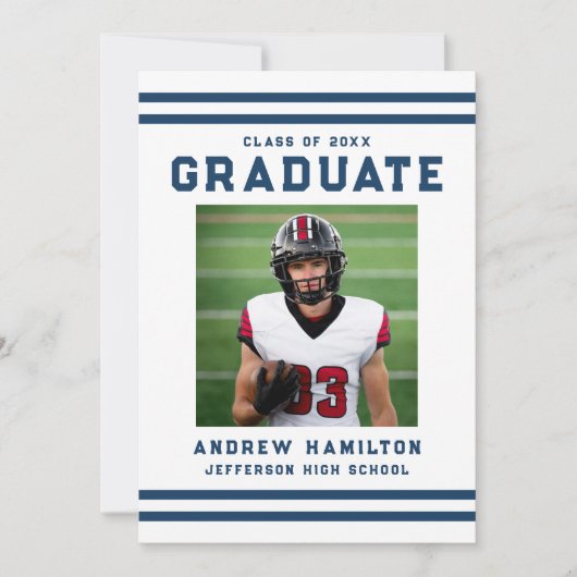 Bold Navy Stripes Athletic Photo Graduation Party 招待状 (正面)