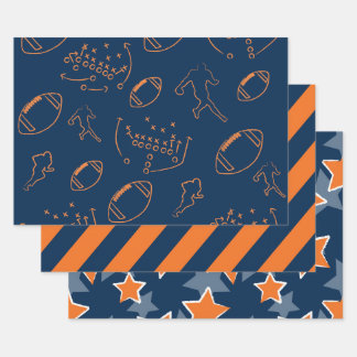 Bold Orange and Navy Blue Stars and Footballs ラッピングペーパーシート