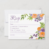 Bold Orange and Purple Floral QR Code Wedding 出欠カード (正面)