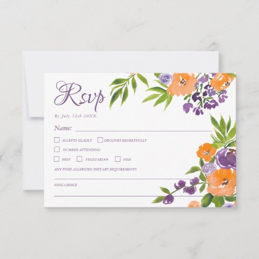Bold Orange and Purple Floral QR Code Wedding 出欠カード (正面)