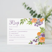 Bold Orange and Purple Floral QR Code Wedding 出欠カード (スタンド正面)