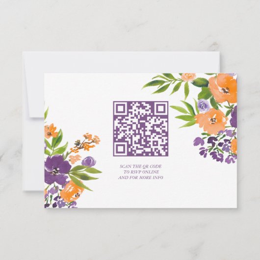 Bold Orange and Purple Floral QR Code Wedding 出欠カード (裏面)
