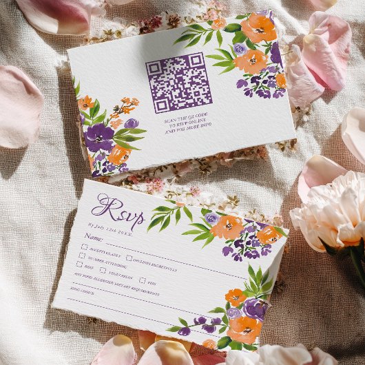 Bold Orange and Purple Floral QR Code Wedding 出欠カード