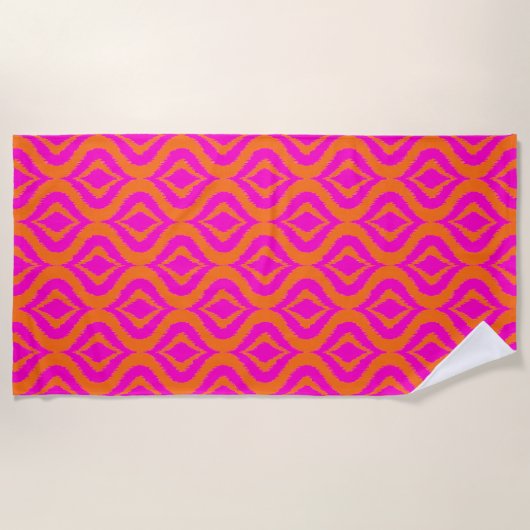 Bold Orange Hot Pink Summer Ikat Ogee Art Pattern ビーチタオル (正面)