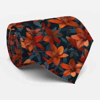 Bold Orange Lily Floral Pattern on Dark ネクタイ