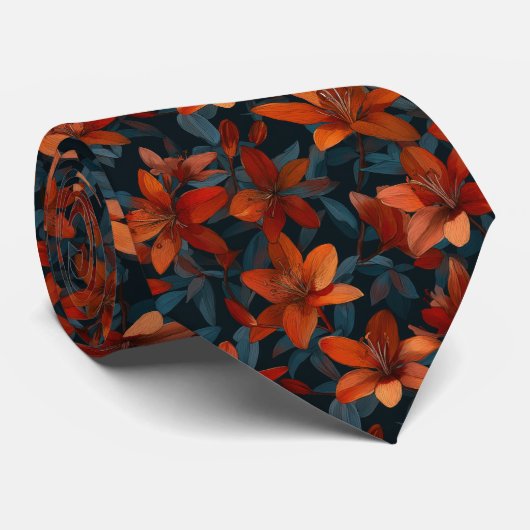 Bold Orange Lily Floral Pattern on Dark ネクタイ (ロール)