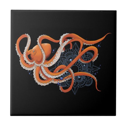 Bold Orange Mesmerizing Octopus Mandala タイル (正面)