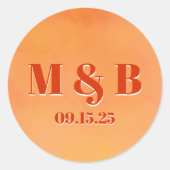 Bold Orange Watercolor Sunset Monogram Wedding ラウンドシール (正面)
