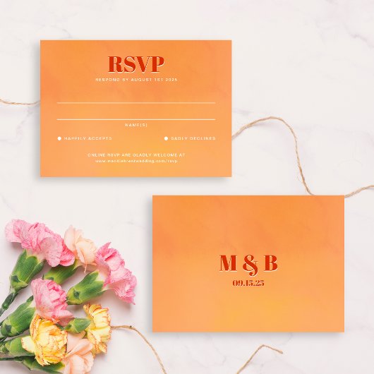 Bold Orange Watercolor Sunset Monogram Wedding 出欠カード