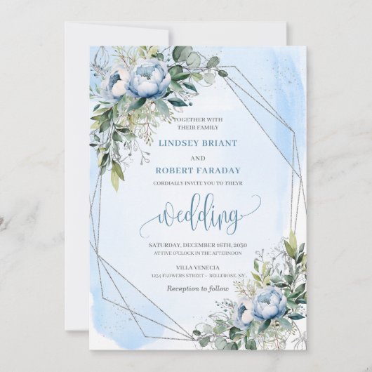 Bold Pastel Blue White Silver Peonies 結婚式 招待状 (正面)