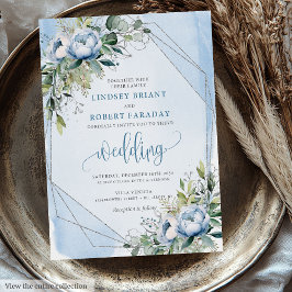 Bold Pastel Blue White Silver Peonies 結婚式 招待状