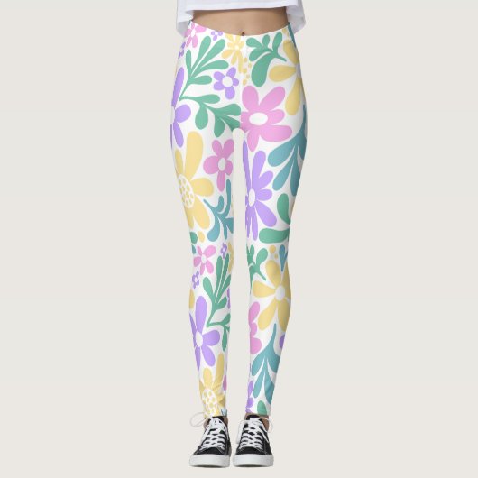 Bold Pastel Retro Floral Leggings レギンス (正面)