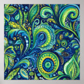 Bold Peacock Paisley Watercolor Wall Art ポスター (正面)