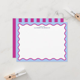 Bold Pink & Blue Striped Wavy Frame Note Card 招待状