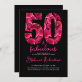 Bold Pink Floral 50 and Fabulous Birthday Party 招待状 (正面/裏面)
