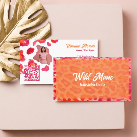 Bold Pink Orange Cheetah Leopard Print QR Code 名刺