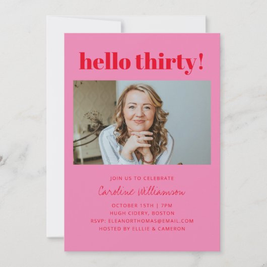 Bold Pink Red Modern 30th Photo Birthday Party 招待状 (正面)