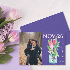 Bold Purple & Blush Floral Photo Save the Date 案内状