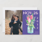 Bold Purple & Blush Floral Photo Save the Date 案内状 (正面)