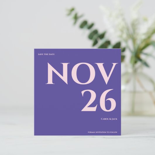 Bold Purple Blush Minimalist Wedding Save the Date 案内状 (スタンド正面)