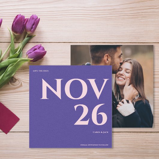 Bold Purple & Blush Photo Wedding Save the Date 案内状