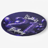 Bold Purple Glitter Striped 21st Birthday ペーパープレート (アングル)