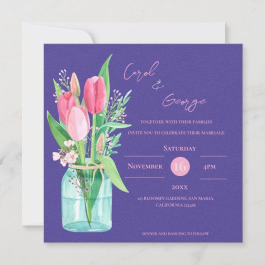 Bold Purple Mason Jar Flowers Wedding Invitation (正面)