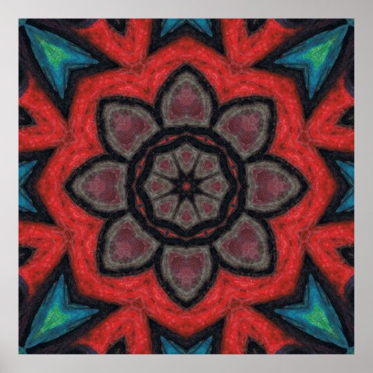 Bold Red and Black Kaleidoscope Flower Mandala ポスター (正面)