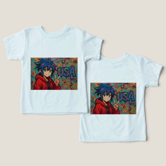 Bold Red Anime USA Graphic T-Shirt (デザイン正面&裏面)