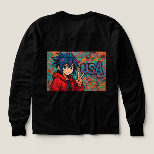 Bold Red Anime USA Graphic T-Shirt (デザイン背面)