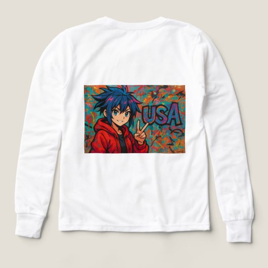 Bold Red Anime USA Graphic T-Shirt (デザイン背面)