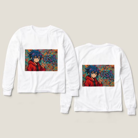 Bold Red Anime USA Graphic T-Shirt (デザイン 正面＆背面)