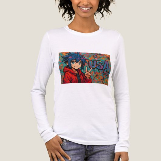 Bold Red Anime USA Graphic T-Shirt トライブレンドＴシャツ (正面)