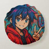 Bold Red Anime USA Graphic T-Shirt ラウンドクッション (裏面)