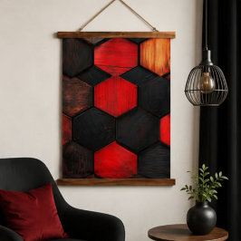 Bold Red Black Hexagon Wood Texture Geometric 吊り下げ型タペストリー