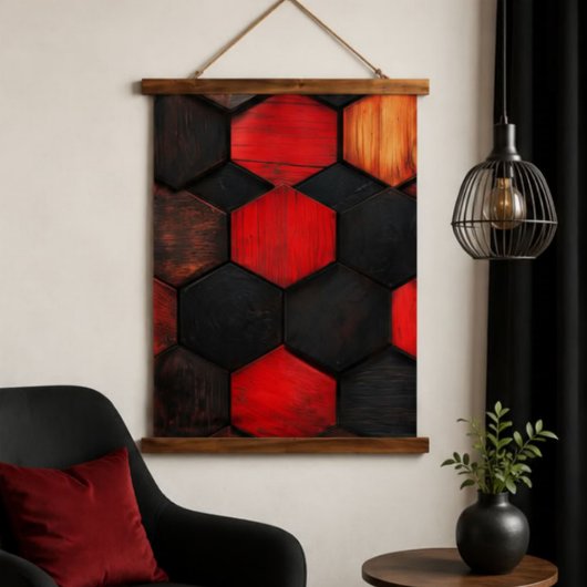 Bold Red Black Hexagon Wood Texture Geometric 吊り下げ型タペストリー