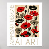 Bold Red & Black Retro Poppies Floral ポスター (正面)