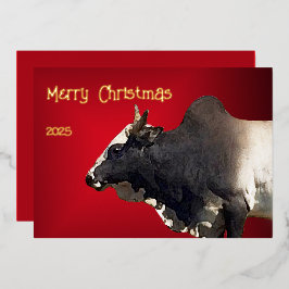 Bold Red Brahma Bull Cattle Farmer Christmas 箔シーズンカード
