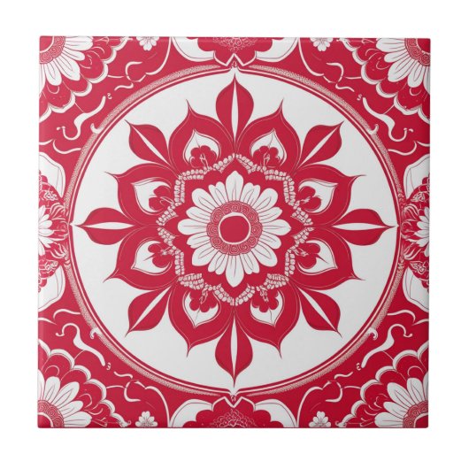 Bold Red Floral Mandala Tile タイル (正面)