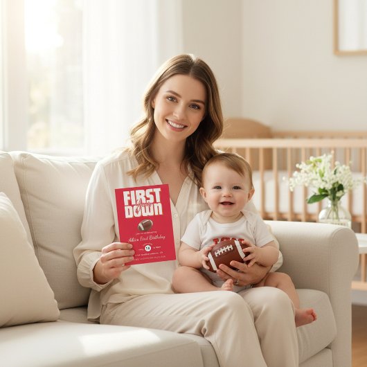 Bold Red Football First Birthday Party Invite 招待状